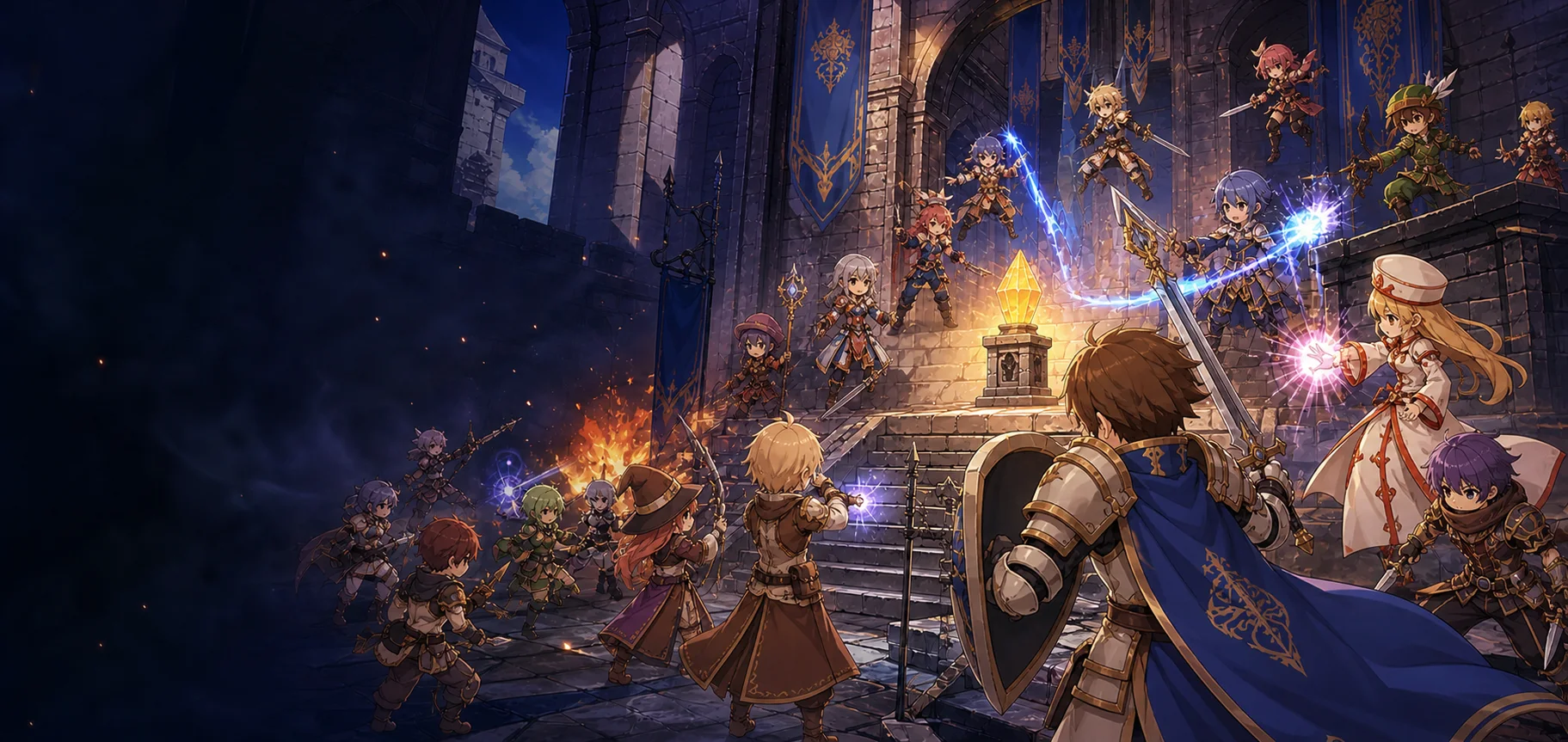 A luminous Emperium at the heart of a fortress during a WoE battle.